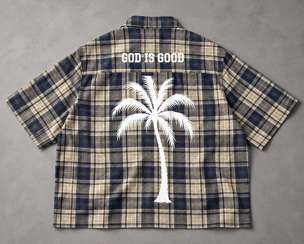 Navy Cream Plaid Button-Up Shirt, Palm Tree Graphic, Oversized Streetwear