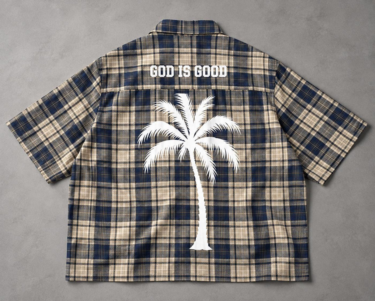 Navy Cream Plaid Button-Up Shirt, Palm Tree Graphic, Oversized Streetwear