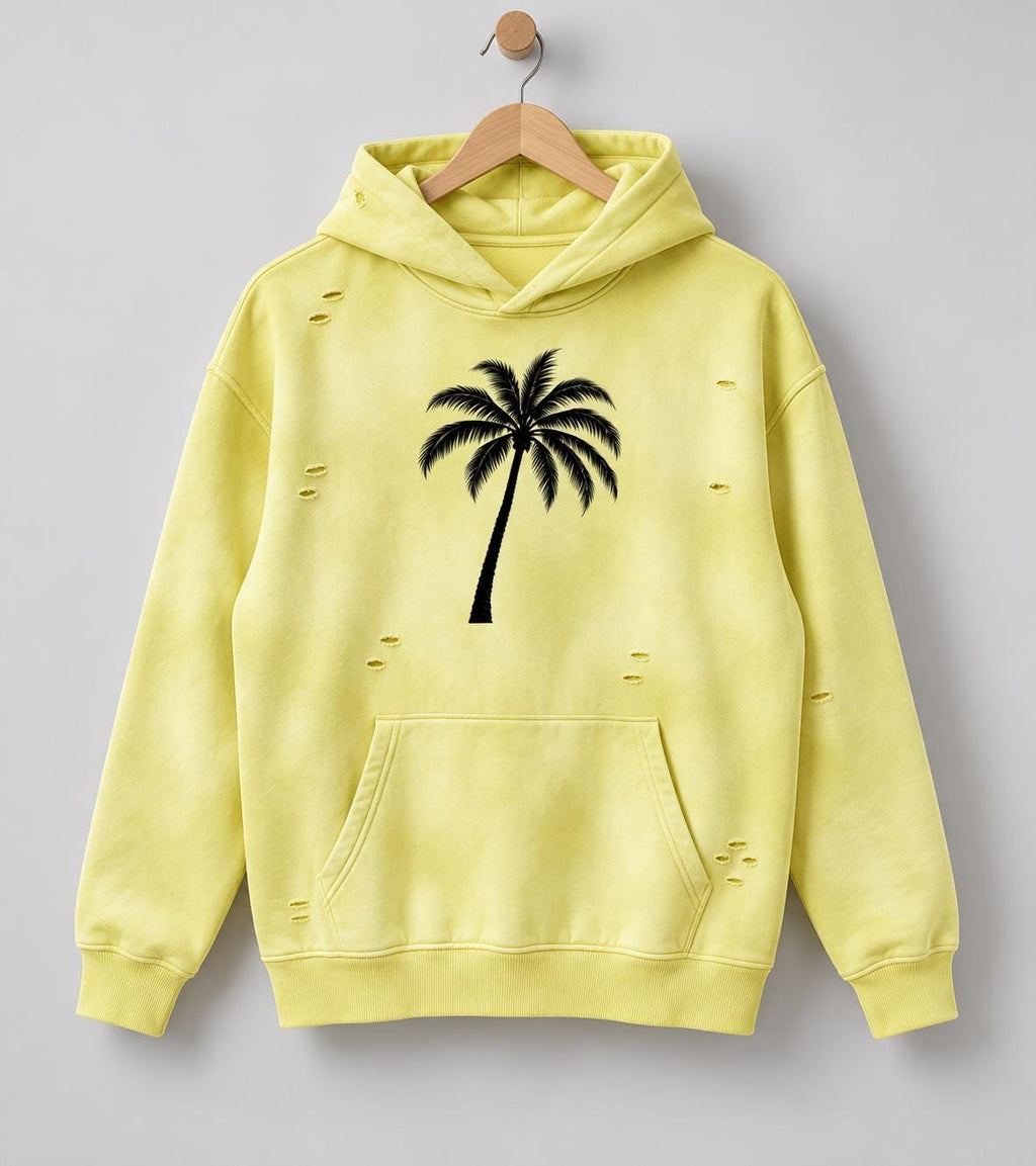 Yellow Distressed God Is Good Hoodie, Palm Tree Graphic Pullover, Oversized Christian Streetwear