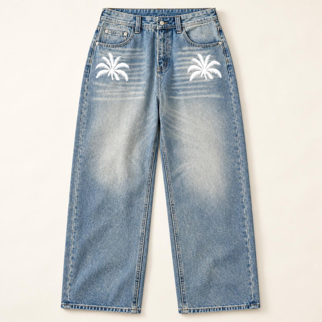 Men's Light Wash Palm Tree Jeans, Relaxed Wide Leg Denim Pants