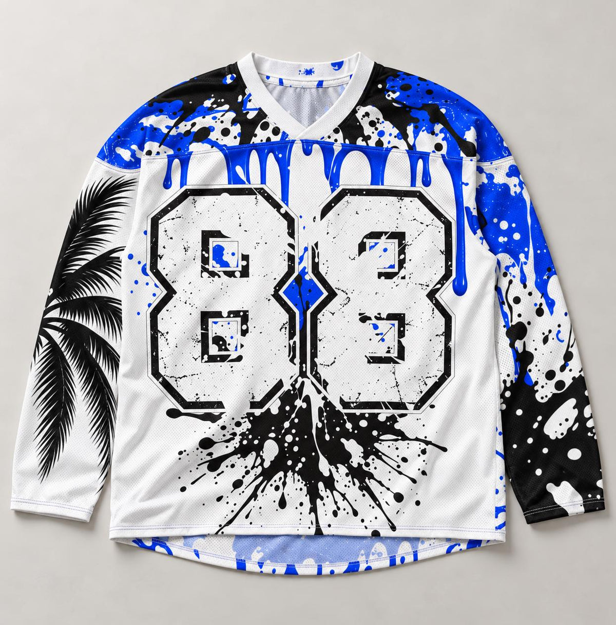 Limited Edition 88 Hockey Jersey, Royal Blue Paint Splatter, Palm Tree Graphic, God Is Good Shears