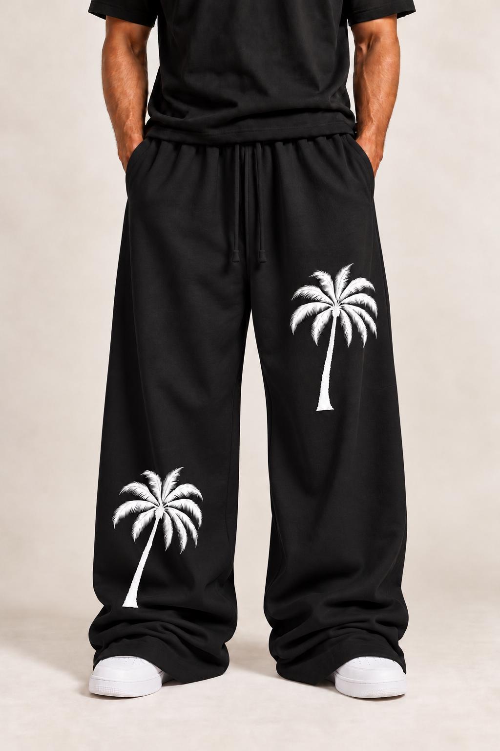 Black Palm Tree Sweatpants, White Splatter Wide Leg Pants, God Is Good Graphic Streetwear