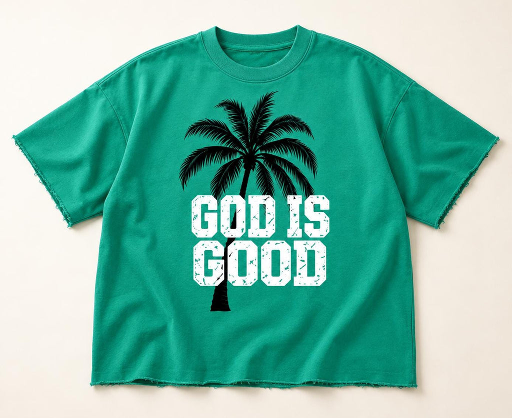 Green Oversized Palm Tree T-Shirt, Distressed "God Is Good" Lettering, Christian Streetwear