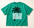 Green Oversized Palm Tree T-Shirt, Distressed "God Is Good" Lettering, Christian Streetwear