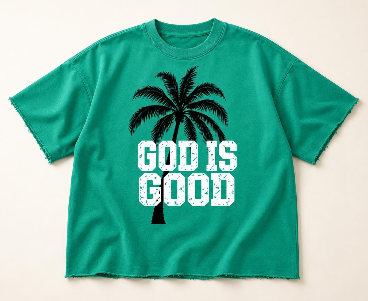 Green Oversized Palm Tree T-Shirt, Distressed "God Is Good" Lettering, Christian Streetwear
