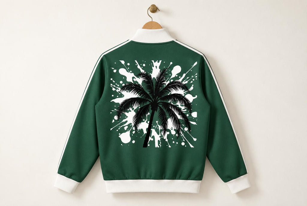 Limited Edition Forest Green Track Jacket, Palm Tree Paint Splatter Art (20 Available)