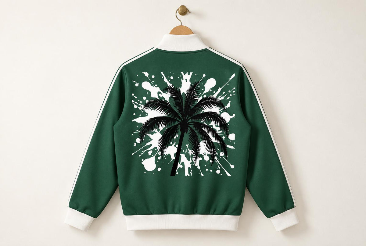 Limited Edition Forest Green Track Jacket, Palm Tree Paint Splatter Art (20 Available)