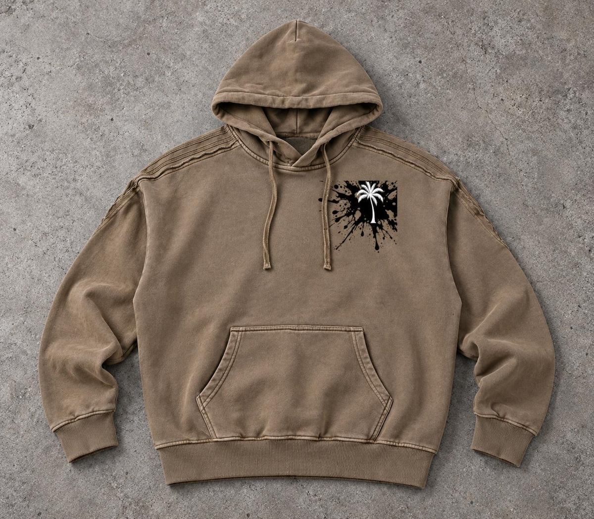 Washed Taupe Oversized Hoodie, Palm Tree Graphic, Exposed Seam Streetwear