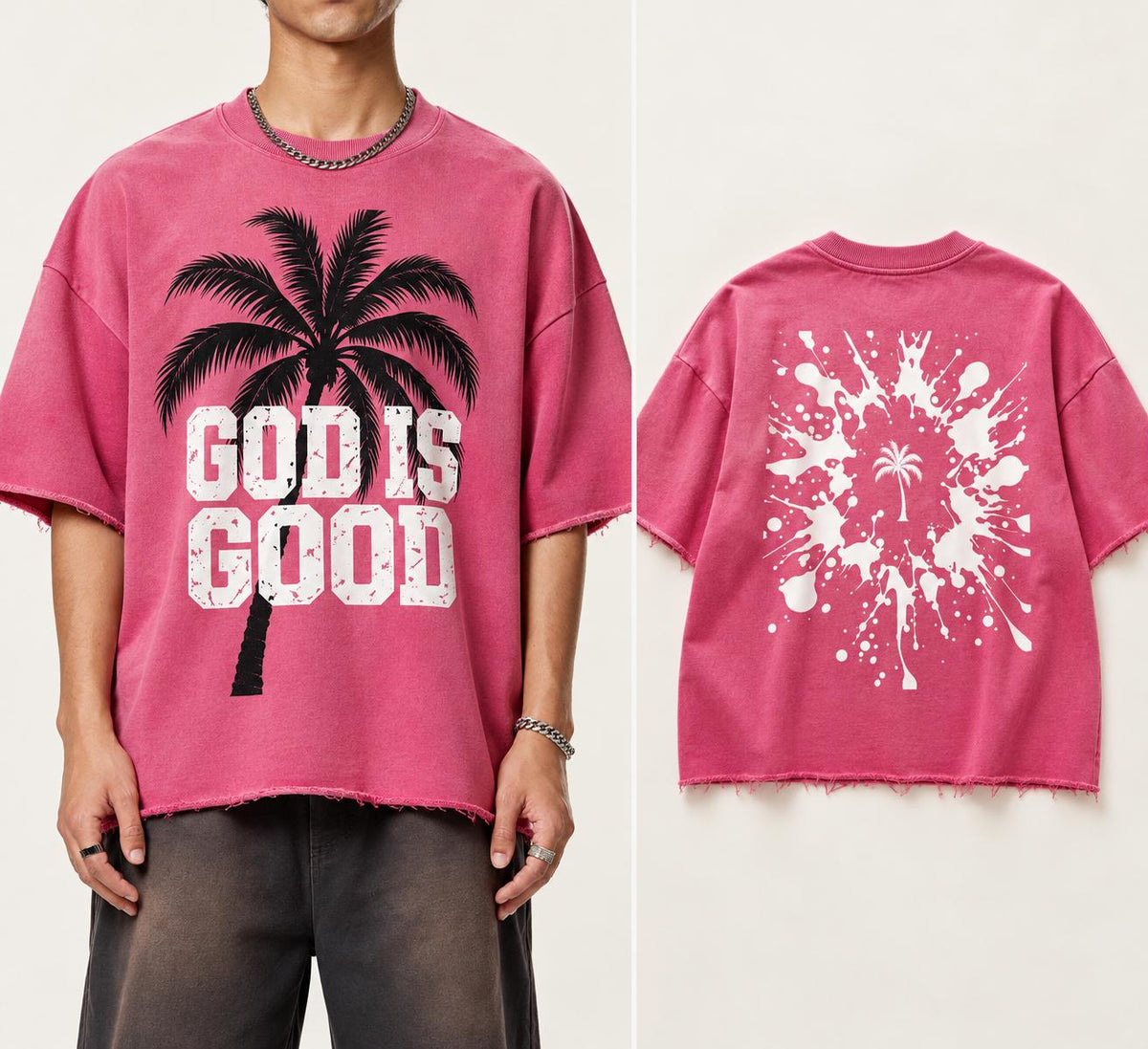 Pink Oversized Palm Tree T-Shirt, Washed Christian Streetwear, Frayed Hem Tee