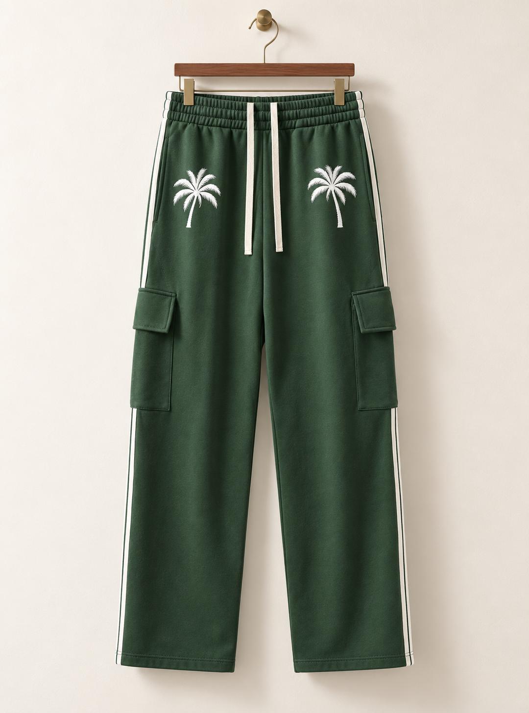 Limited Edition Forest Green Cargo Sweatpants, Palm Tree & Paint Drip, Side Stripe Straight Leg Pants
