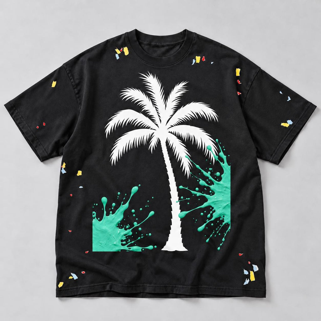 Black Oversized Palm Tree T-Shirt, God Is Good Graphic Tee, Teal Paint Splash Streetwear