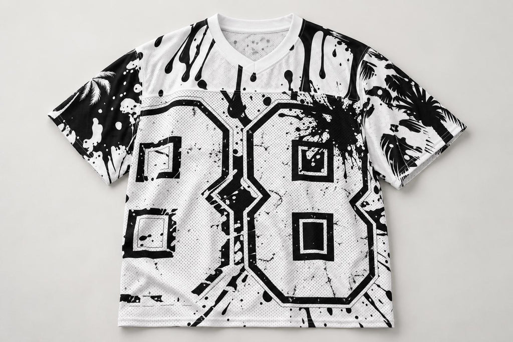 God Is Good 88 Mesh Football Jersey, Black and White Palm Tree & Paint Splatter Streetwear, Limited Edition