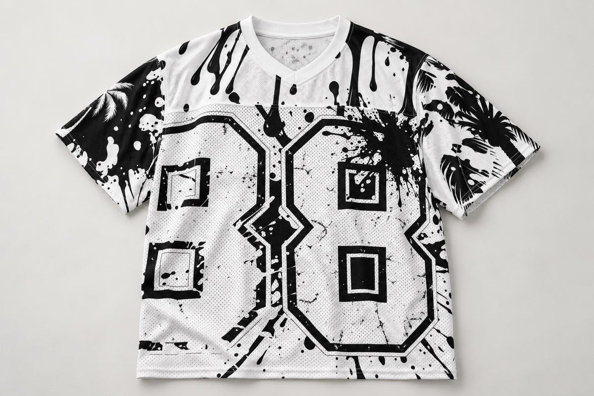God Is Good 88 Mesh Football Jersey, Black and White Palm Tree & Paint Splatter Streetwear, Limited Edition