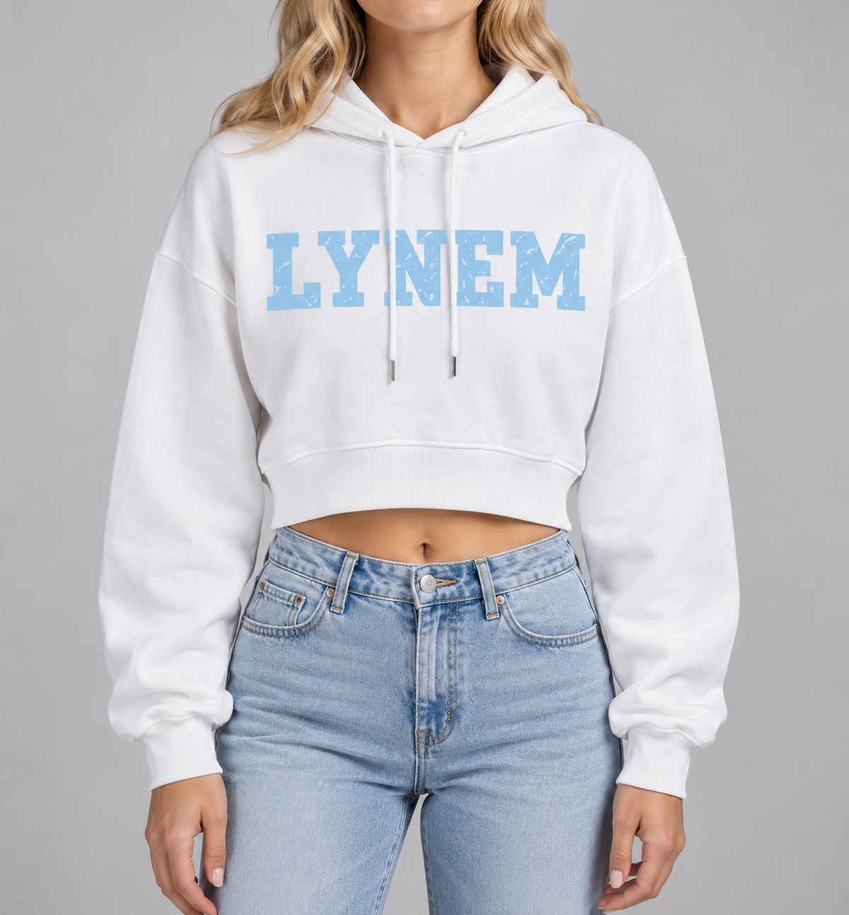 White Lynem Essential Cropped Hoodie / Baby Blue Print