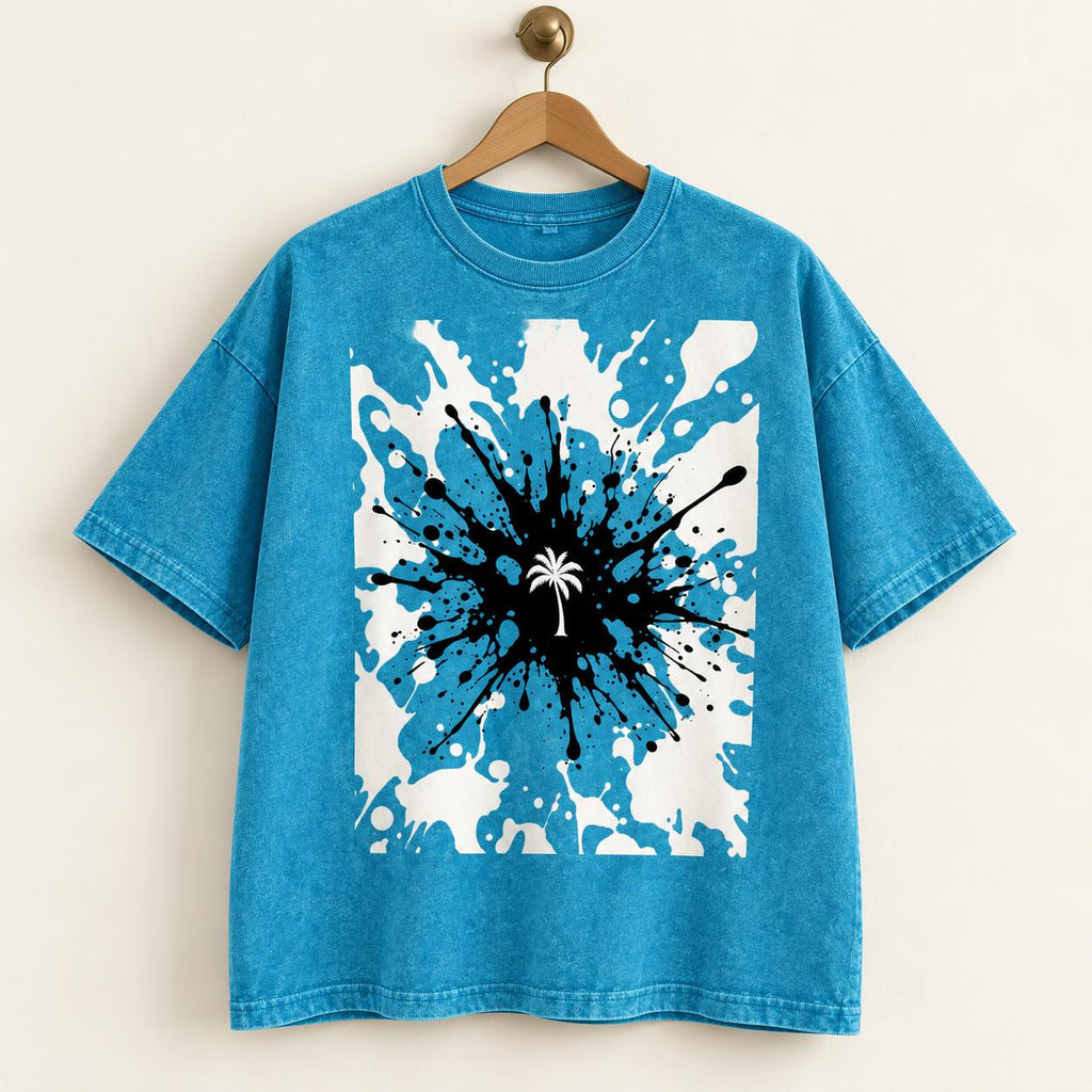 Turquoise Oversized Palm Tree T-Shirt, Snow Washed Cotton, Black White Splatter Print (Unisex)