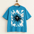 Turquoise Oversized Palm Tree T-Shirt, Snow Washed Cotton, Black White Splatter Print (Unisex)