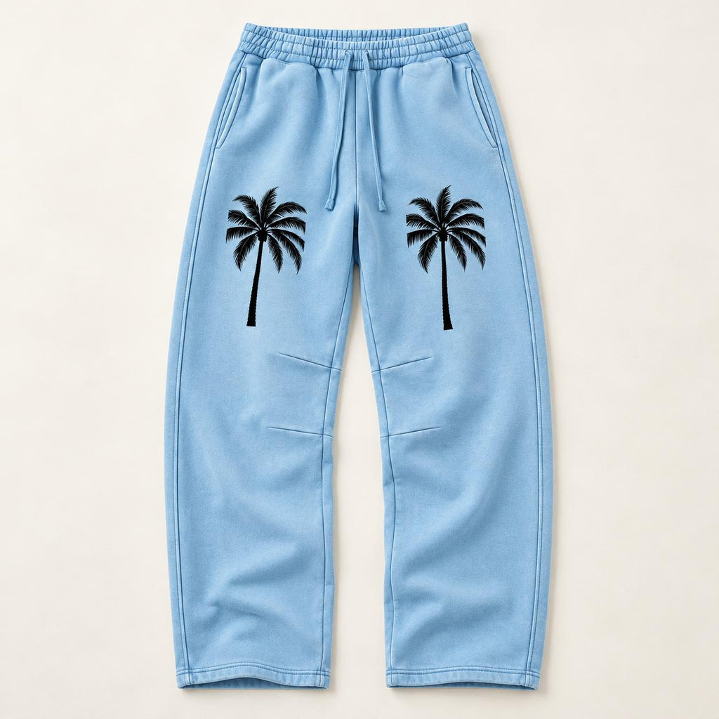 Men's Light Blue Palm Tree Sweatpants, Relaxed Straight Leg, Drawstring Waist