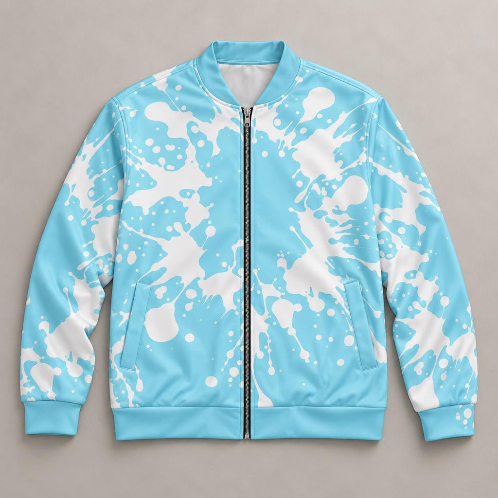 Limited Edition Aqua Palm Tree Bomber Jacket, White Black Splatter Zip-Up (Only 50 Worldwide)