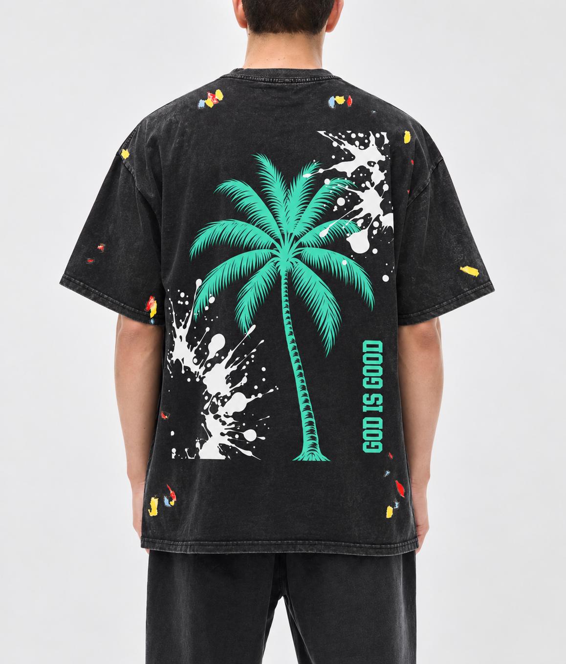 Black Oversized Palm Tree T-Shirt, God Is Good Graphic Tee, Teal Paint Splash Streetwear