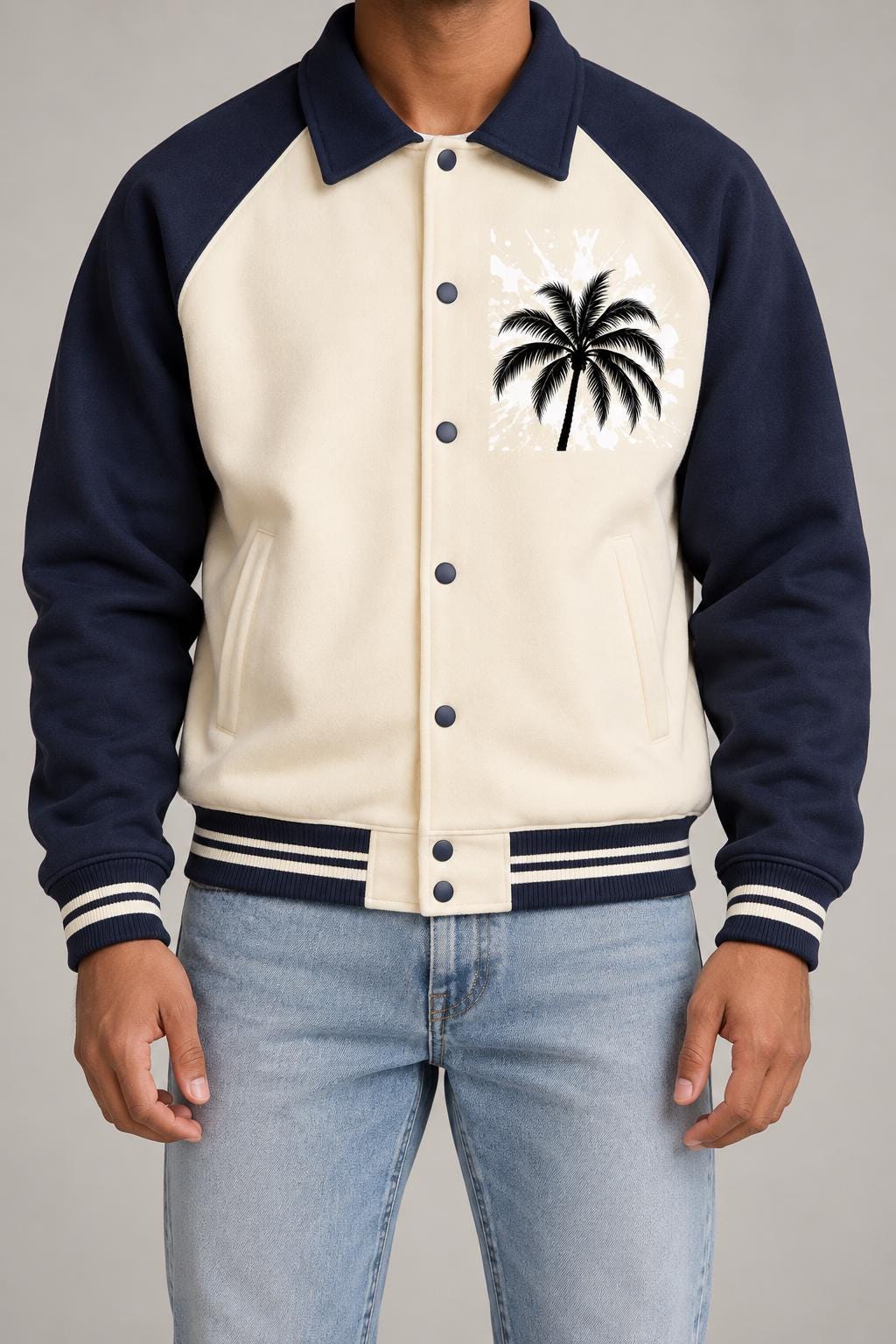 Navy Cream Varsity Jacket, Palm Tree Splatter, God Is Good Letterman Style