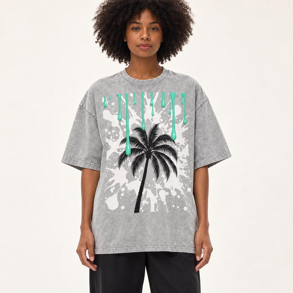 Oversized Palm Tree T-Shirt, Snow Washed Cotton, Mint Paint Drip Design (Unisex)