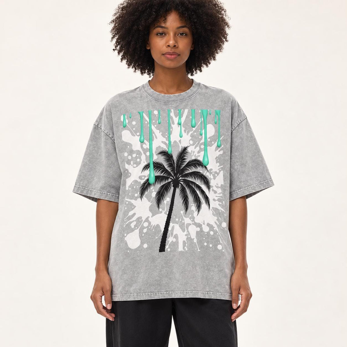 Oversized Palm Tree T-Shirt, Snow Washed Cotton, Mint Paint Drip Design (Unisex)