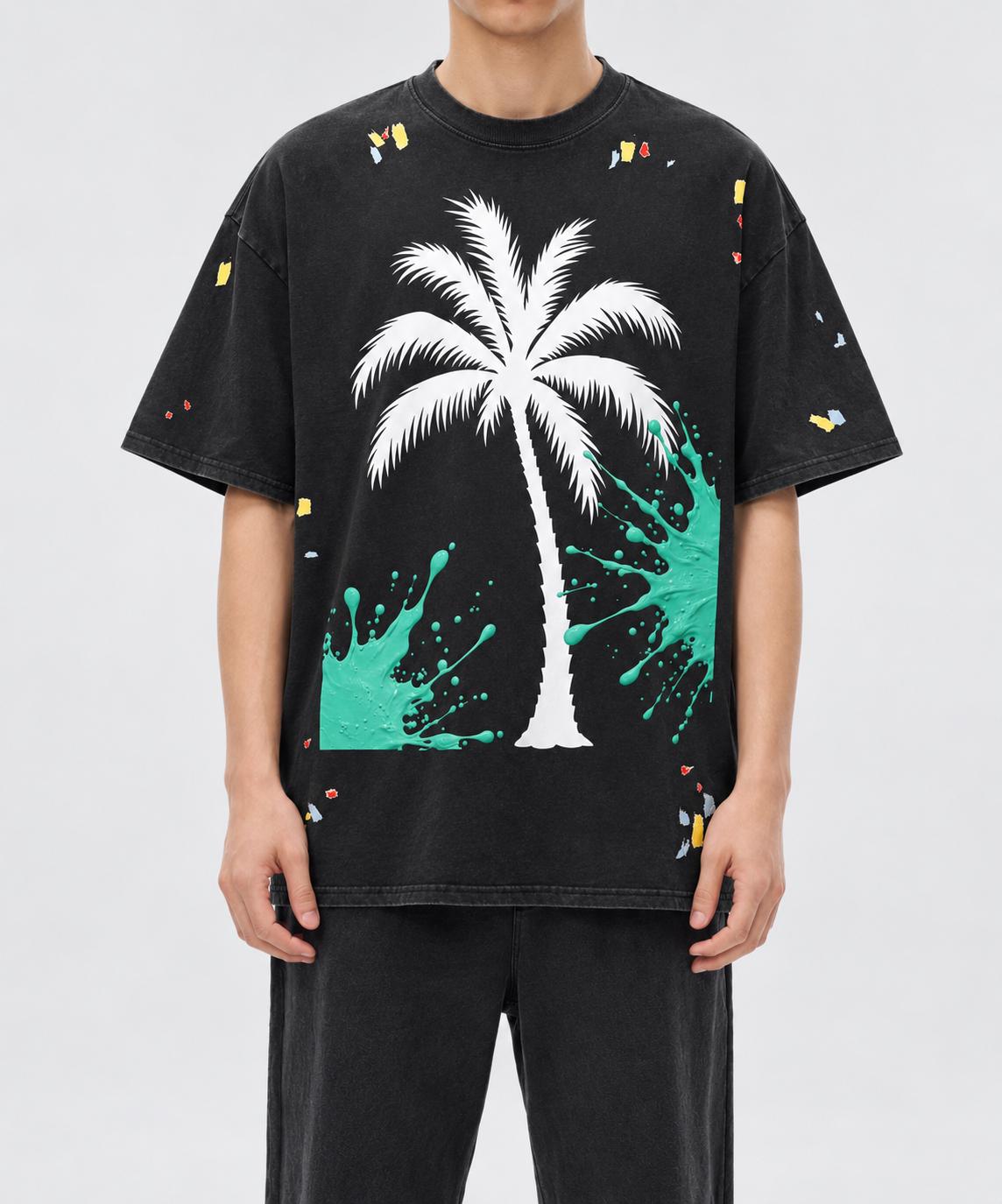 Black Oversized Palm Tree T-Shirt, God Is Good Graphic Tee, Teal Paint Splash Streetwear