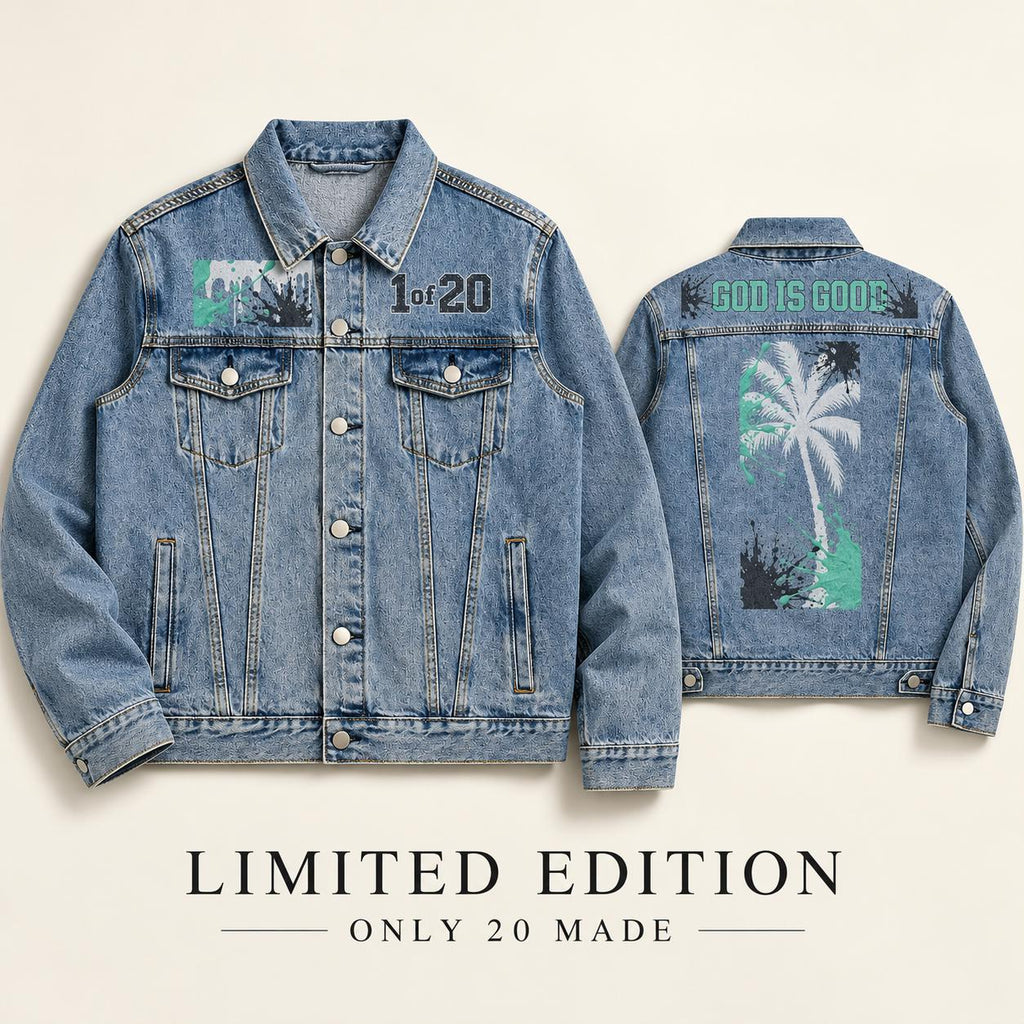 God Is Good Denim Jacket, Washed Blue Trucker Jacket with Palm Tree Graphic - Streetwear
