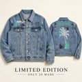 God Is Good Denim Jacket, Washed Blue Trucker Jacket with Palm Tree Graphic - Streetwear