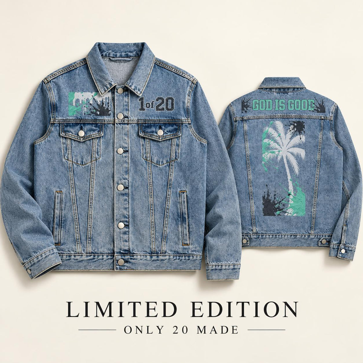 God Is Good Denim Jacket, Washed Blue Trucker Jacket with Palm Tree Graphic - Streetwear