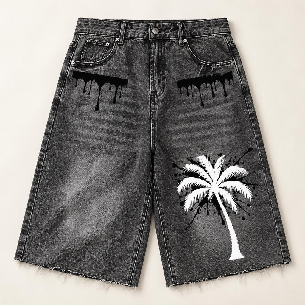 Washed Black Denim Bermuda Shorts, Palm Tree Paint Drip Graphics, God Is Good