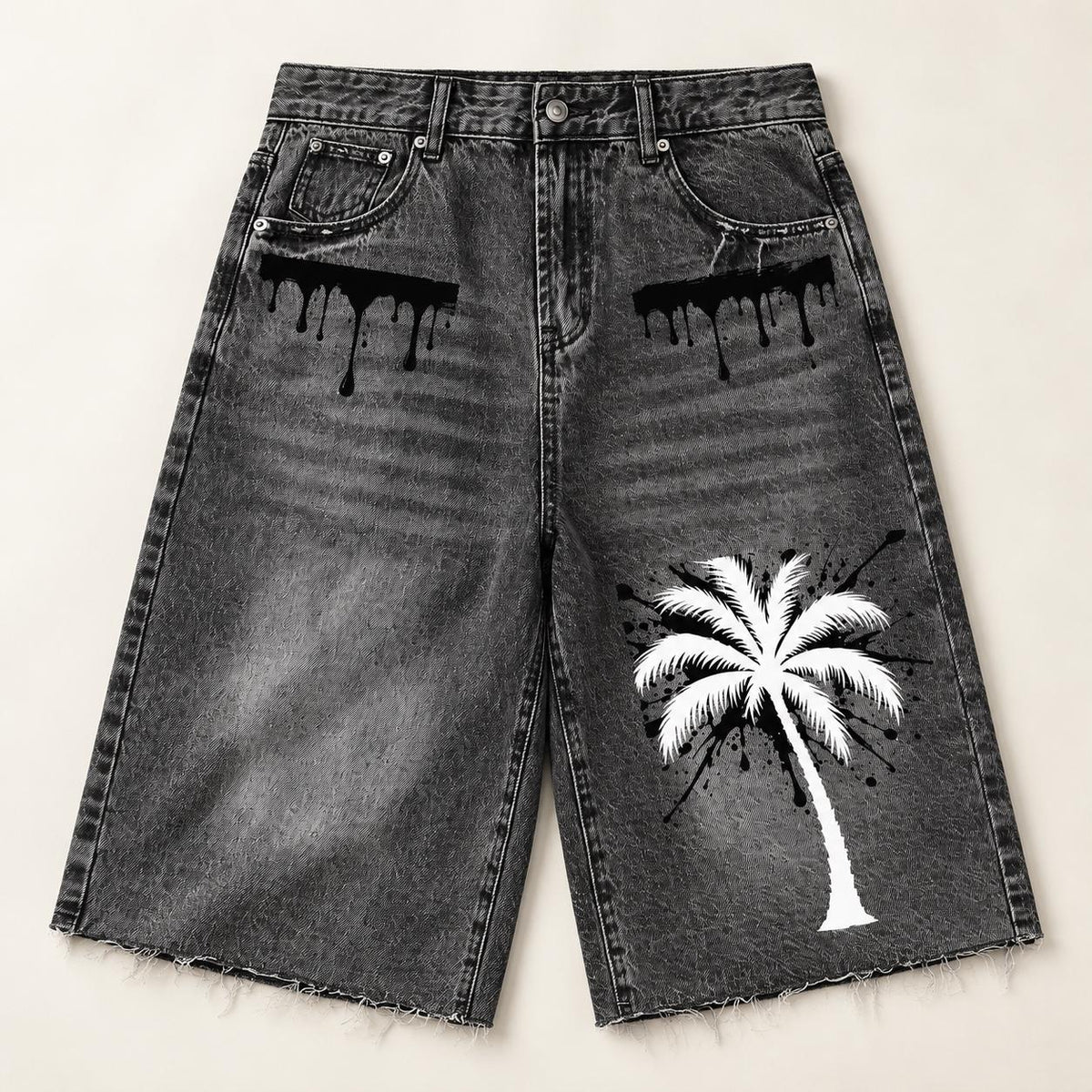 Washed Black Denim Bermuda Shorts, Palm Tree Paint Drip Graphics, God Is Good