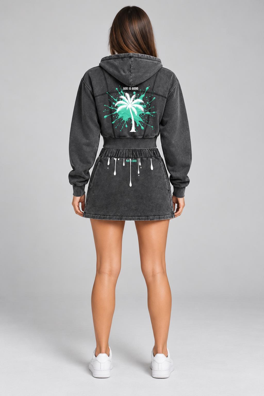 Washed Charcoal Cropped Hoodie, Palm Tree Paint Splash, Faith Streetwear