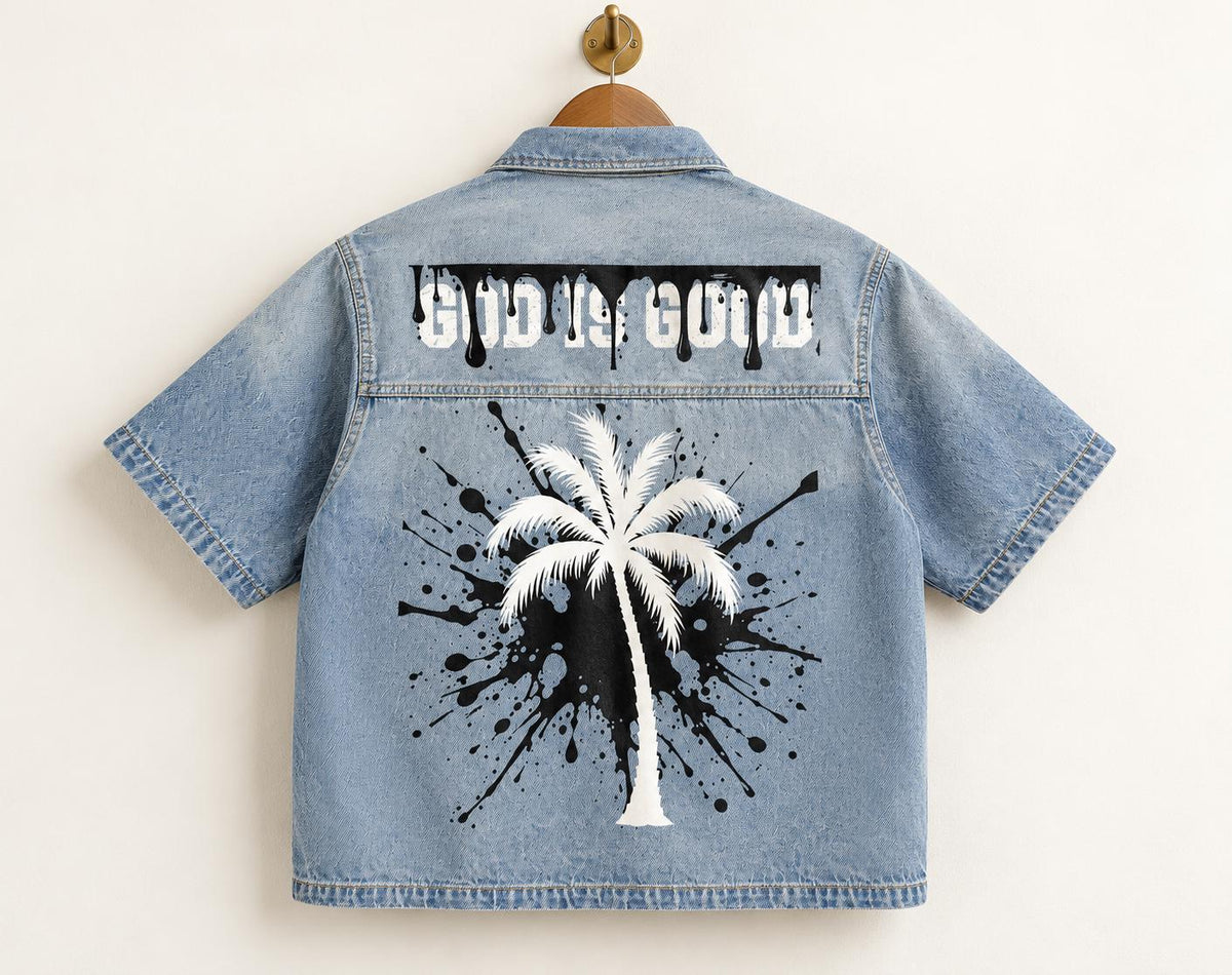 Washed Blue Denim Shirt, Palm Tree Paint Splatter Graphics, Snap Front