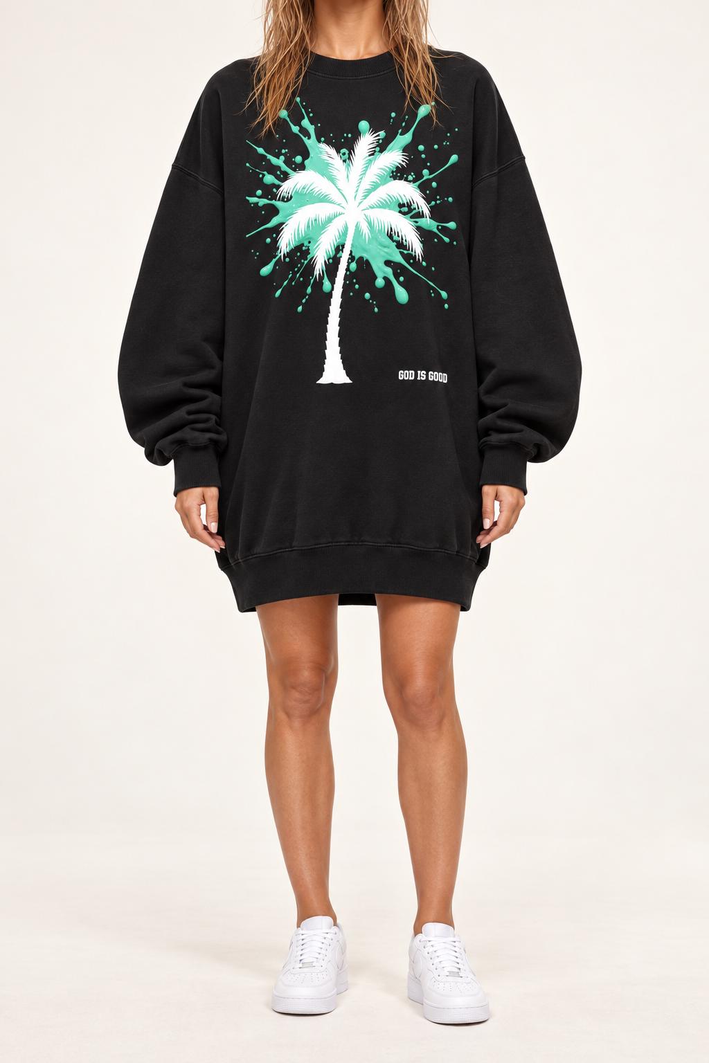 God Is Good Oversized Sweatshirt Dress, Black Mint Palm Tree Graphic, Women's Long Crewneck, Limited Edition