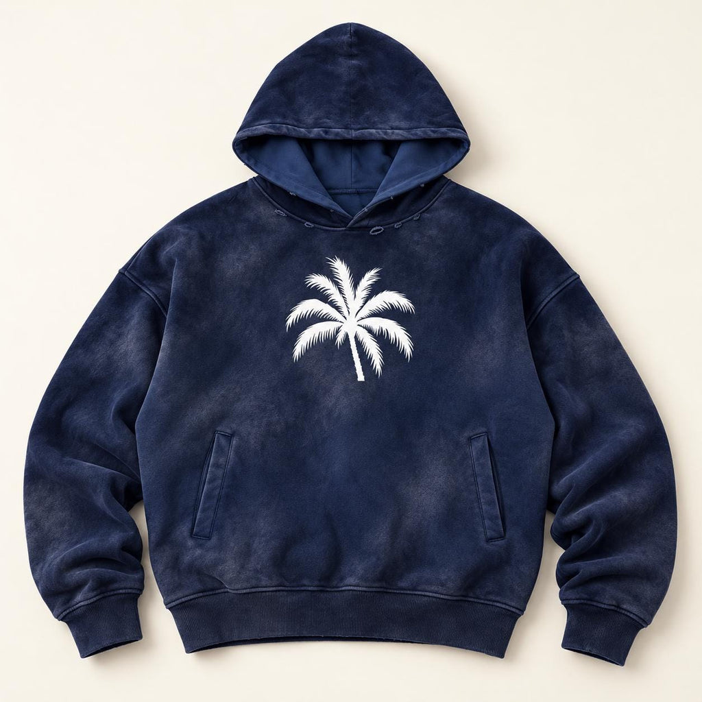 Washed Navy Palm Tree Hoodie, Christian Streetwear Sweatshirt, Oversized Pullover