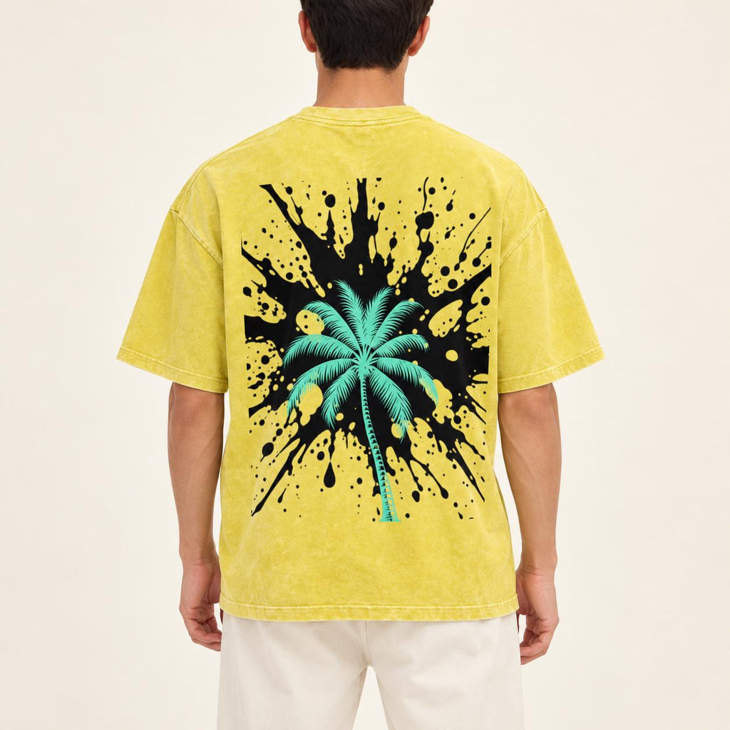 Yellow Oversized Palm Tree T-Shirt, Snow-Washed Cotton, Christian Streetwear