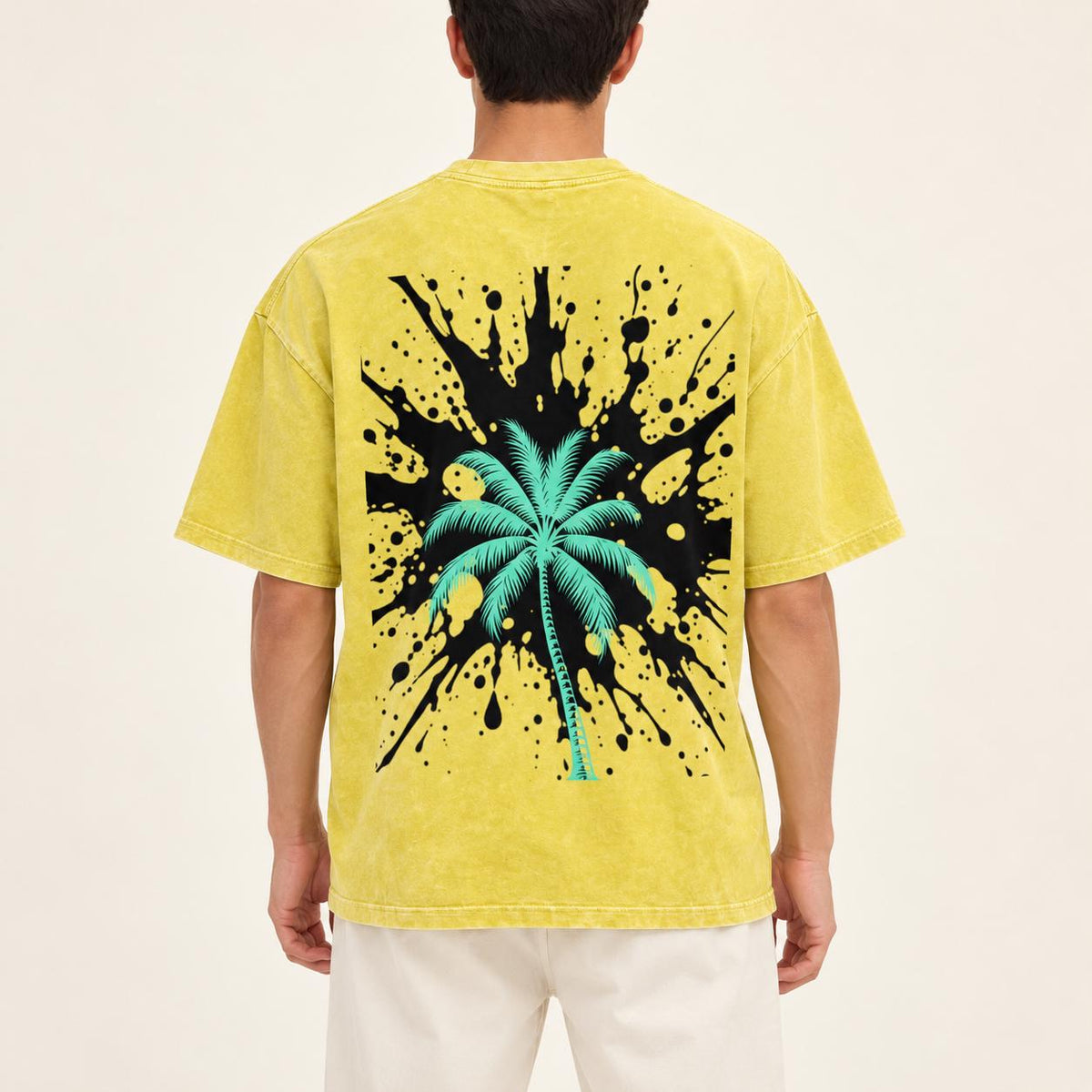 Yellow Oversized Palm Tree T-Shirt, Snow-Washed Cotton, Christian Streetwear