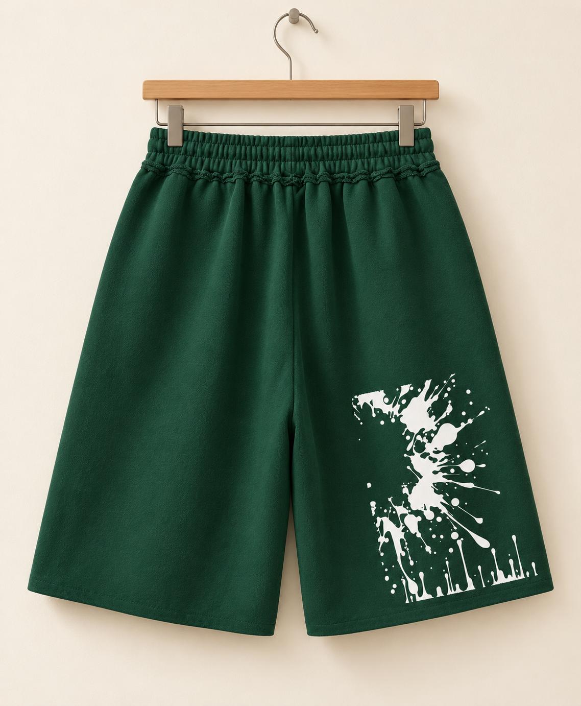 Forest Green Palm Tree Sweat Shorts, White Paint Splatter Graphic, Relaxed Fit