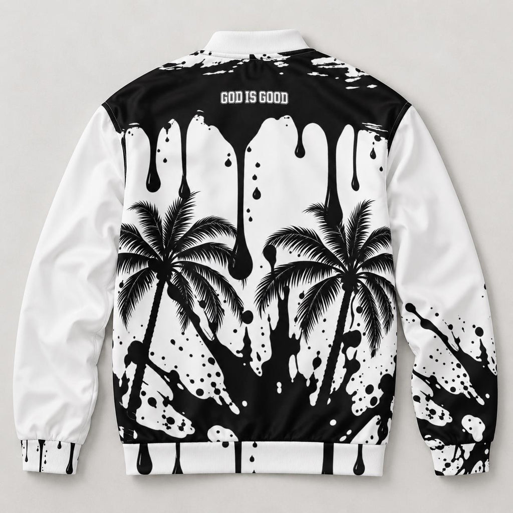 Black-White Paint Drip Bomber Jacket – Palm Tree, Faith Print (Limited Edition)