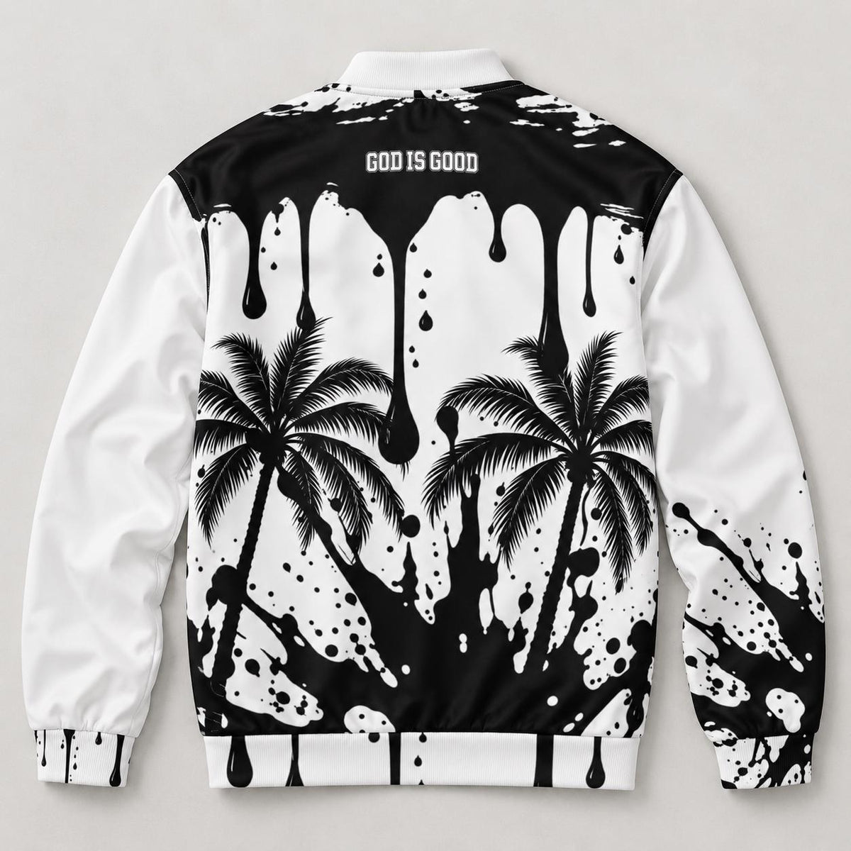 Black-White Paint Drip Bomber Jacket – Palm Tree, Faith Print (Limited Edition)