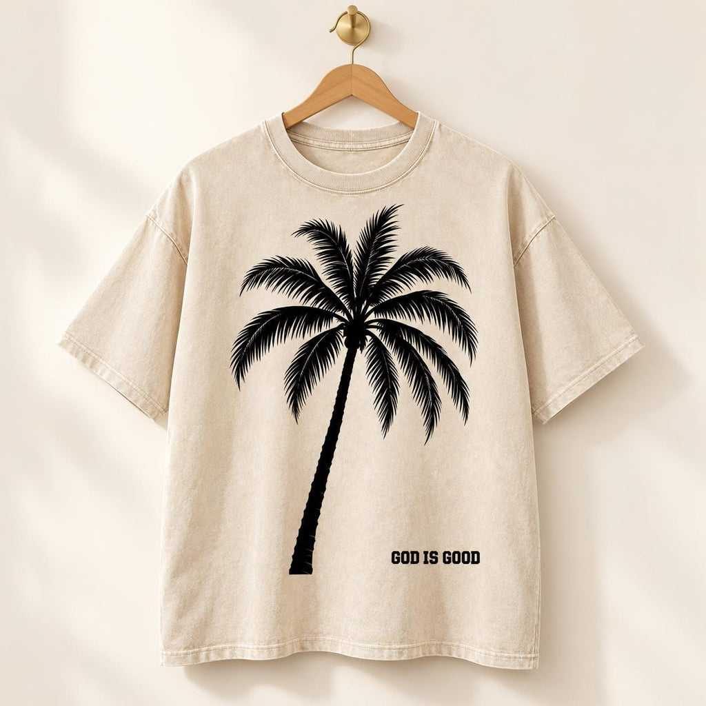 God Is Good Palm Tree Oversized Tee, Cream Splatter Back, Limited Edition
