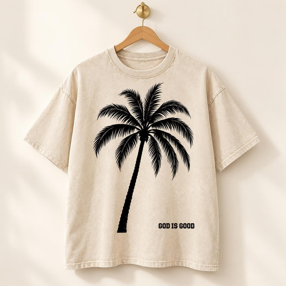 God Is Good Palm Tree Oversized Tee, Cream Splatter Back, Limited Edition