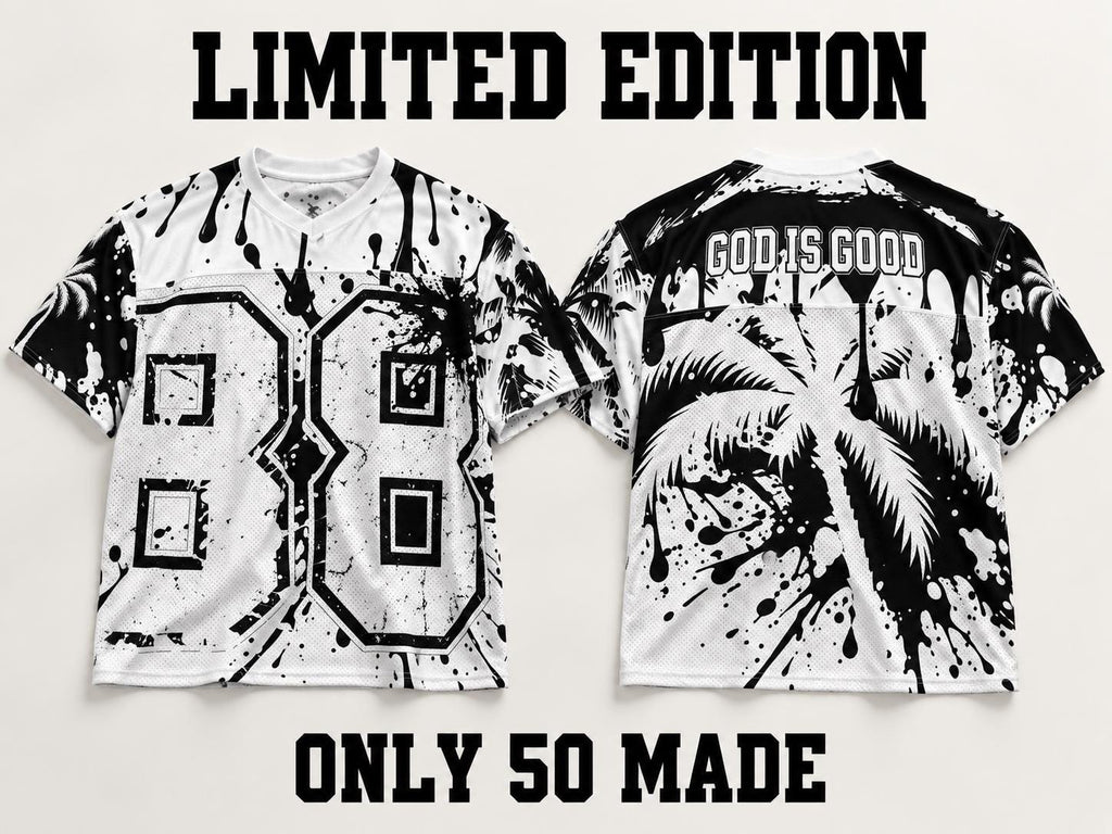 God Is Good 88 Mesh Football Jersey, Black and White Palm Tree & Paint Splatter Streetwear, Limited Edition