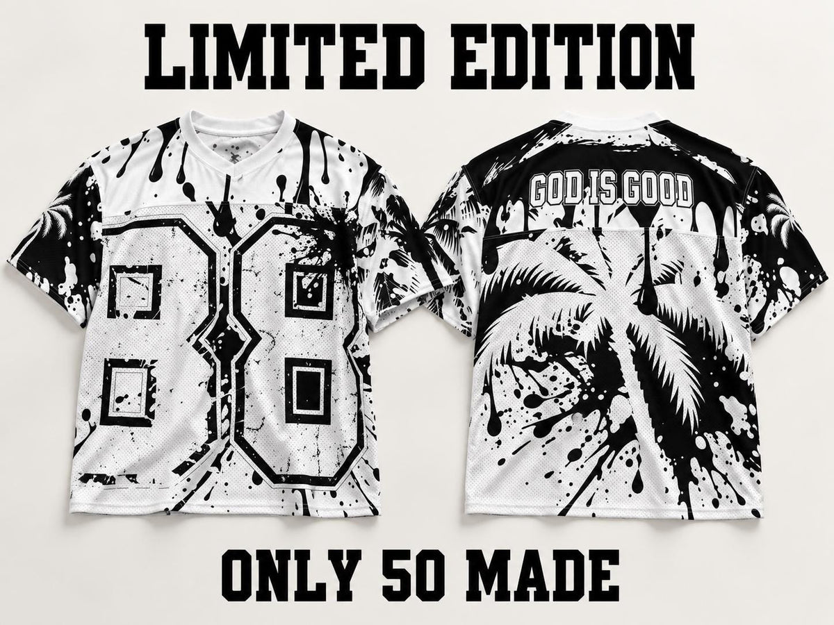 God Is Good 88 Mesh Football Jersey, Black and White Palm Tree & Paint Splatter Streetwear, Limited Edition