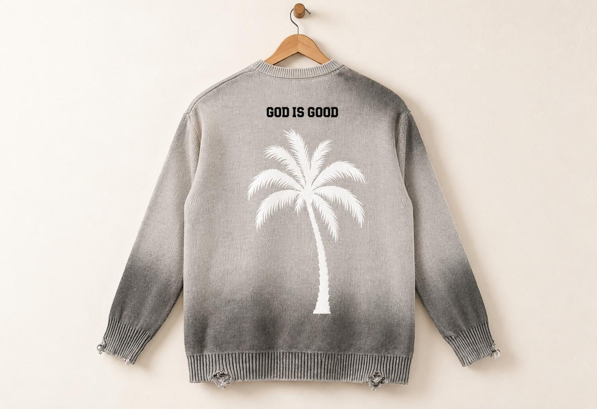 Distressed Gray Knit Sweater, Palm Tree Graphic, Streetwear Crewneck