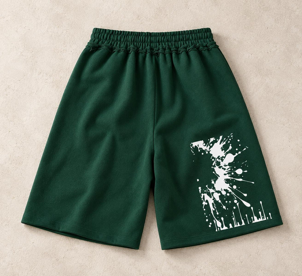 Forest Green Palm Tree Sweat Shorts, White Paint Splatter Graphic, Relaxed Fit