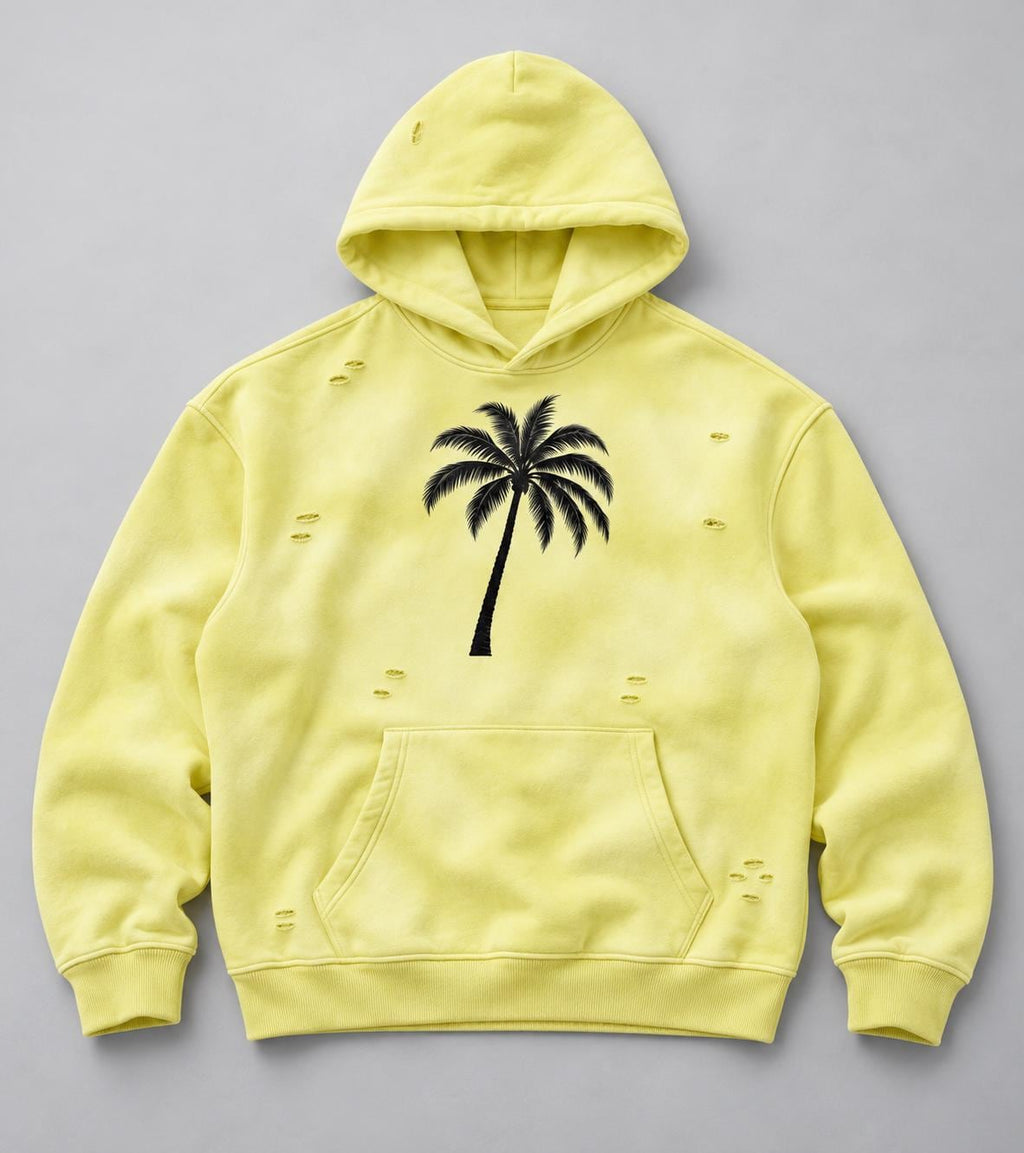 Yellow Distressed God Is Good Hoodie, Palm Tree Graphic Pullover, Oversized Christian Streetwear