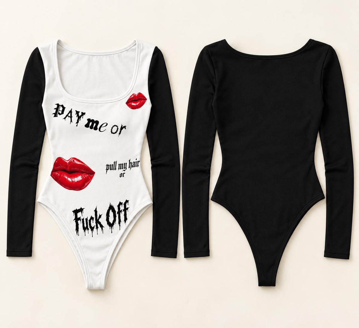 Limited Edition Black White Bodysuit, Red Lips Print, Gothic Long Sleeve (1 of 50)