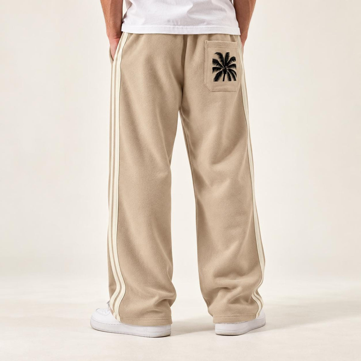 Men's Beige Palm Tree Sweatpants, Wide Leg Track Pants with Cream Stripes